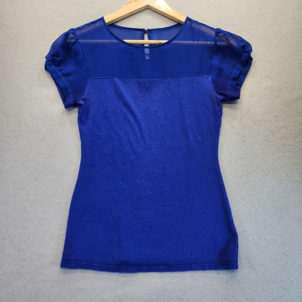 Express Royal Blue Sheer Yoke Puff Sleeve Mixed Media Blouse Top XS Cobalt Blue